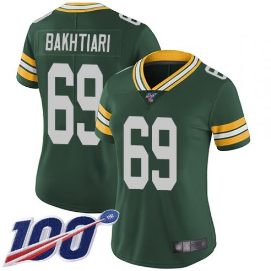 Women Packers 69 David Bakhtiari Green Team Color Stitched Football 100th Season Vapor Limited Jersey