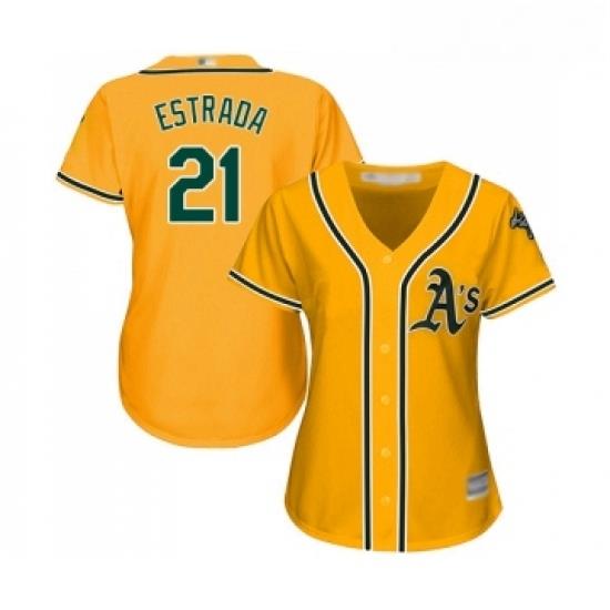 Womens Oakland Athletics 21 Marco Estrada Replica Gold Alternate 2 Cool Base Baseball Jersey