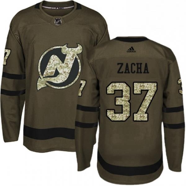 Mens Adidas New Jersey Devils 37 Pavel Zacha Authentic Green Salute to Service NHL Jersey