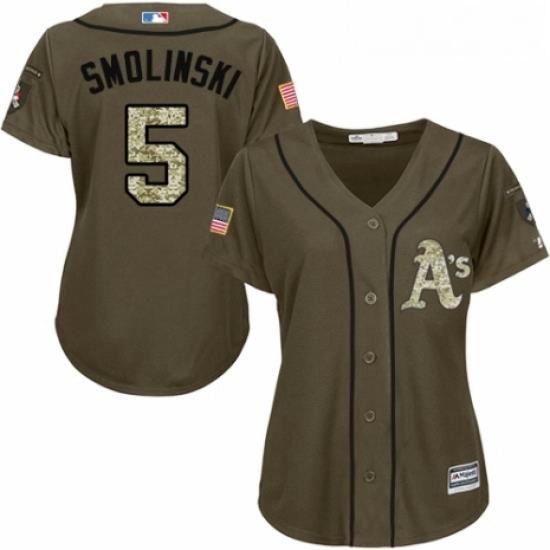 Womens Majestic Oakland Athletics 5 Jake Smolinski Authentic Green Salute to Service MLB Jersey