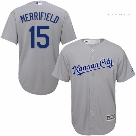 Mens Majestic Kansas City Royals 15 Whit Merrifield Replica Grey Road Cool Base MLB Jersey