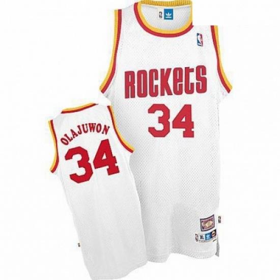 Mens Mitchell and Ness Houston Rockets 34 Hakeem Olajuwon Swingman White Throwback NBA Jersey