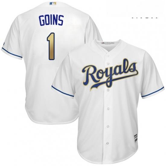 Mens Majestic Kansas City Royals 1 Ryan Goins Replica White Home Cool Base MLB Jersey