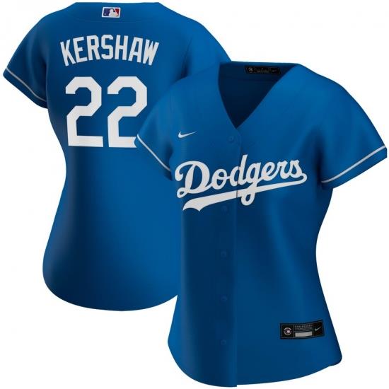 Los Angeles Dodgers 22 Clayton KershaW Nike Women Alternate 2020 MLB Player Jersey Royal