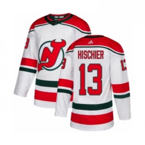 Mens Adidas New Jersey Devils 13 Nico Hischier Premier White Alternate NHL Jersey