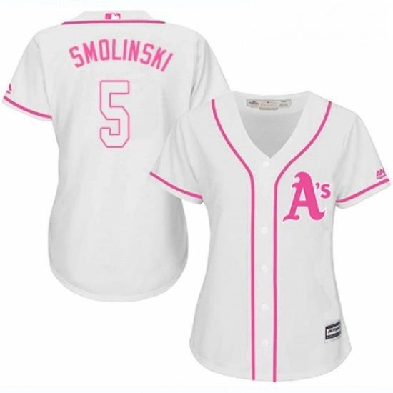 Womens Majestic Oakland Athletics 5 Jake Smolinski Authentic White Fashion Cool Base MLB Jersey