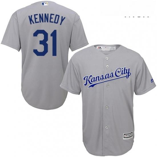 Mens Majestic Kansas City Royals 31 Ian Kennedy Replica Grey Road Cool Base MLB Jersey