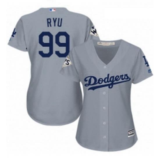 Womens Majestic Los Angeles Dodgers 99 Hyun Jin Ryu Replica Grey Road 2017 World Series Bound Cool Base MLB Jersey