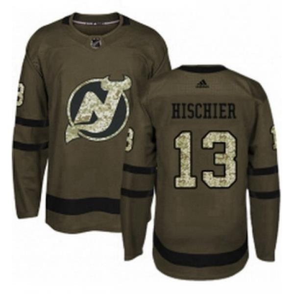 Mens Adidas New Jersey Devils 13 Nico Hischier Authentic Green Salute to Service NHL Jersey