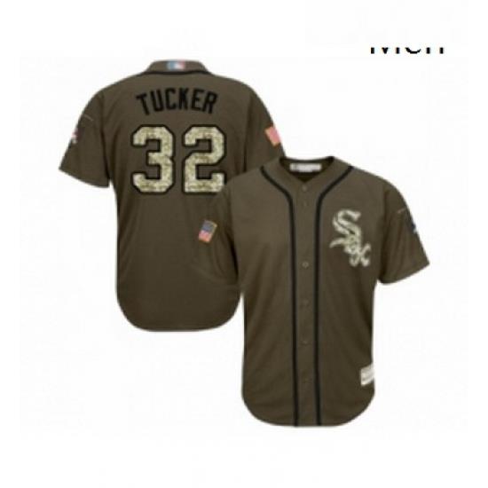 Mens Chicago White Sox 32 Preston Tucker Authentic Green Salute to Service Baseball Jersey