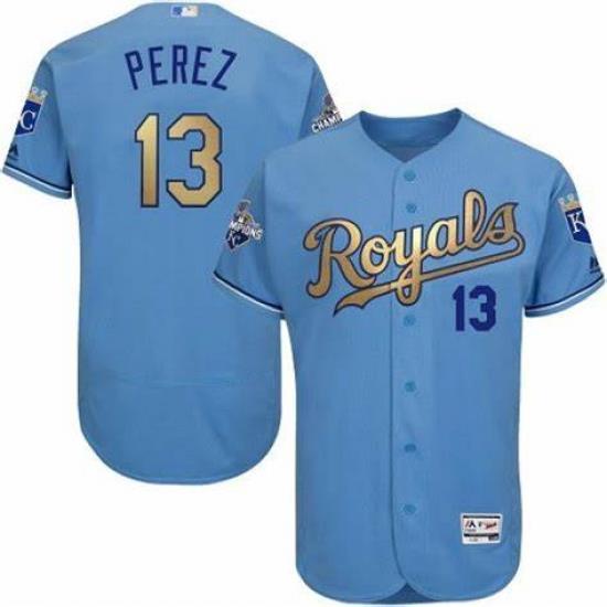 Men Majestic Kansas City Royals 13 Salvador Perez Authentic Light Blue 2015 World Series Champions Gold Program Cool Base MLB Jersey