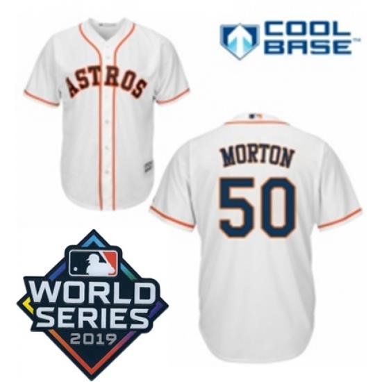 Mens Majestic Houston Astros 50 Charlie Morton Replica White Home Cool Base Sitched 2019 World Series Patch jersey