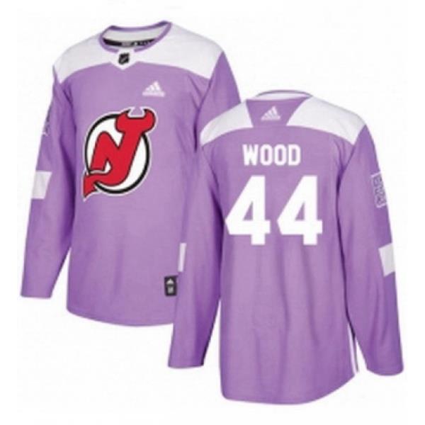 Mens Adidas New Jersey Devils 44 Miles Wood Authentic Purple Fights Cancer Practice NHL Jersey