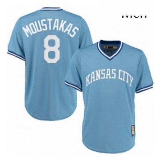 Mens Majestic Kansas City Royals 8 Mike Moustakas Replica Light Blue Cooperstown MLB Jersey