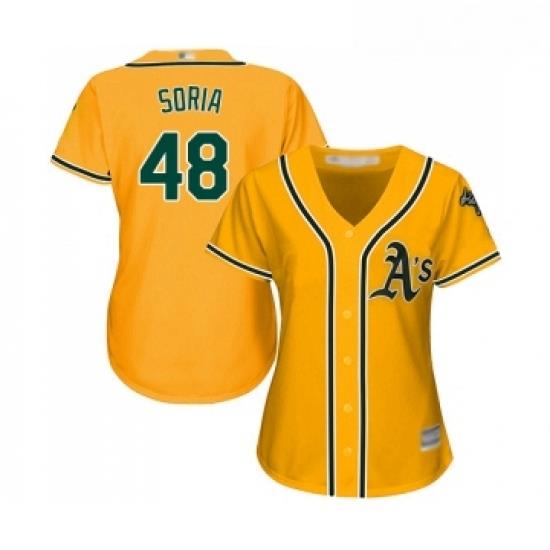 Womens Oakland Athletics 48 Joakim Soria Replica Gold Alternate 2 Cool Base Baseball Jersey