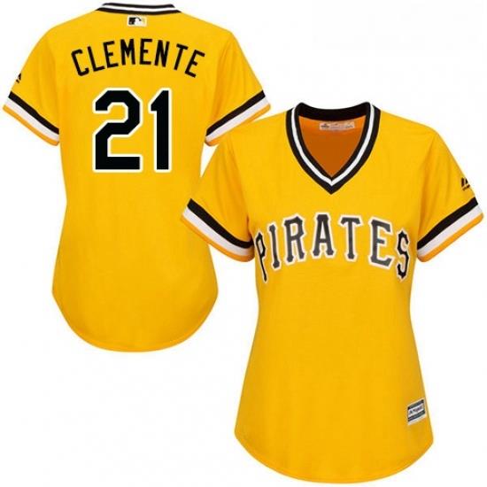 Womens Majestic Pittsburgh Pirates 21 Roberto Clemente Replica Gold Alternate Cool Base MLB Jersey