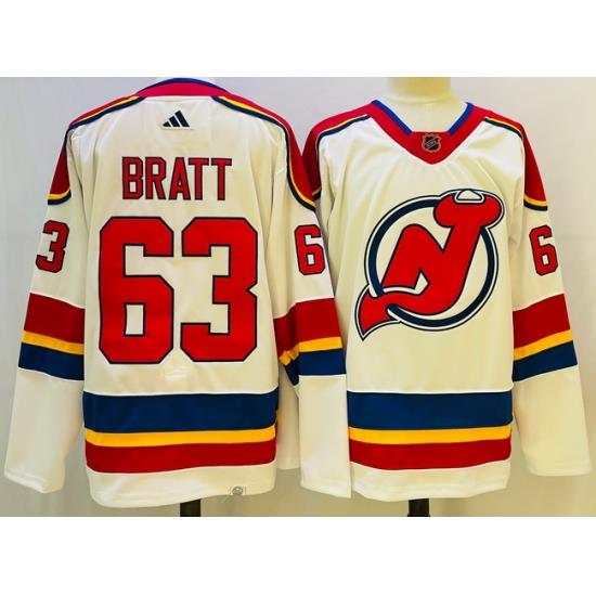 Men New Jersey Devils 63 Jesper Bratt White 2022 23 Reverse Retro Stitched Jersey