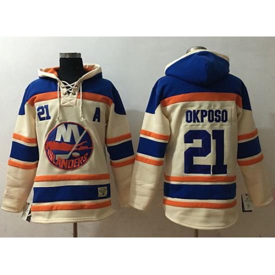 Men New York Islanders 21 Kyle Okposo Cream Sawyer Hooded Sweatshirt Stitched NHL Jersey