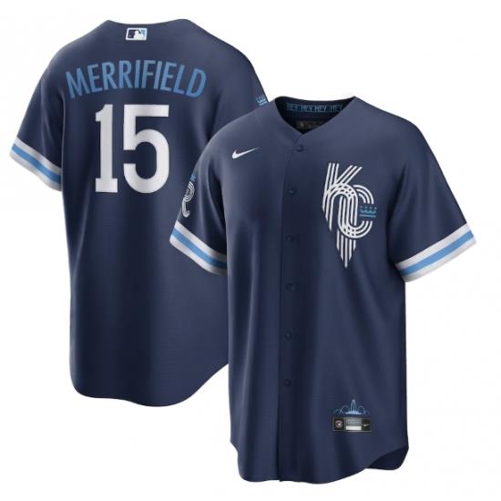 Men Kansas City Royals 15 Whit Merrifield 2022 Navy City Connect Cool Base Stitched jersey