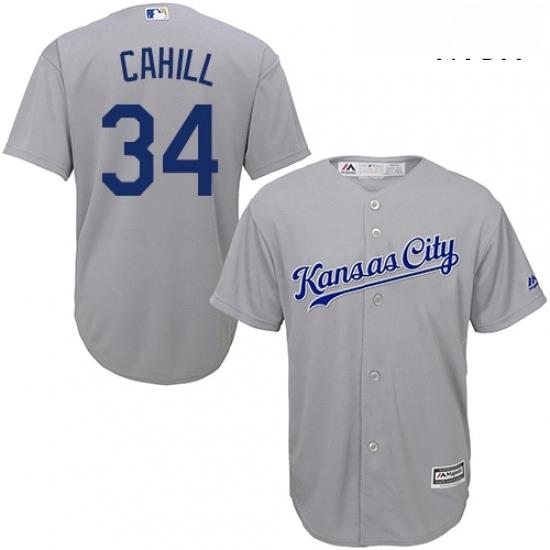 Mens Majestic Kansas City Royals 34 Trevor Cahill Replica Grey Road Cool Base MLB Jersey