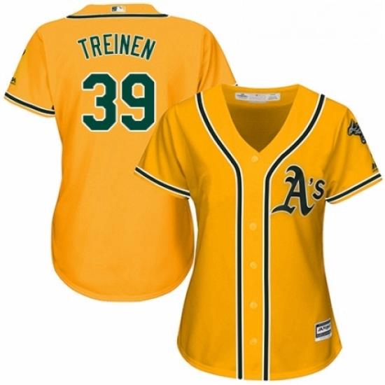 Womens Majestic Oakland Athletics 39 Blake Treinen Authentic Gold Alternate 2 Cool Base MLB Jersey