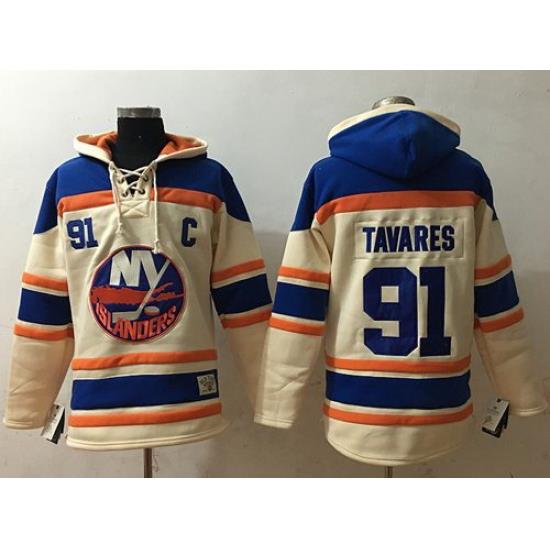 Men New York Islanders 91 John Tavares Cream Sawyer Hooded Sweatshirt Stitched NHL Jersey