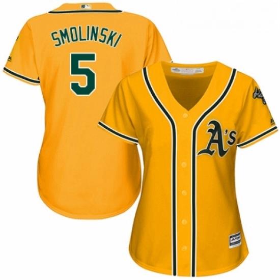 Womens Majestic Oakland Athletics 5 Jake Smolinski Replica Gold Alternate 2 Cool Base MLB Jersey