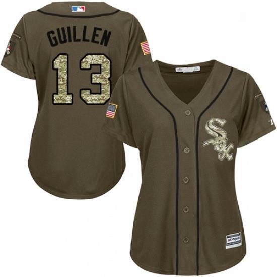 Womens Majestic Chicago White Sox 13 Ozzie Guillen Replica Green Salute to Service MLB Jersey