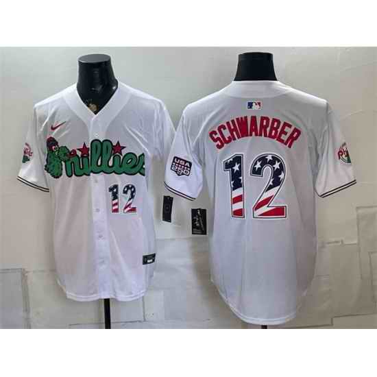 Men Philadelphia Phillies  12 Kyle Schwarber White Phanatic USA 250 Fourth of July Stitched Baseball Jerseys 001