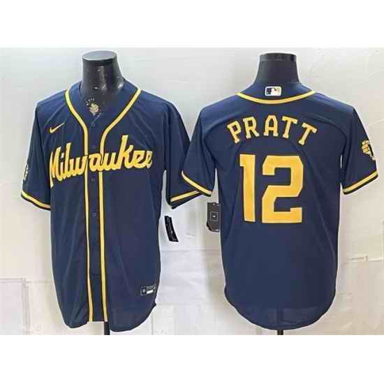 Men Milwaukee Brewers 12 Cooper Pratt Navy Stitched Baseball Jersey