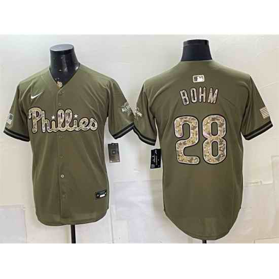 Men Philadelphia Phillies  28 Alec Bohm Olive 2026 Armed Forces Day Stitched Baseball Jersey