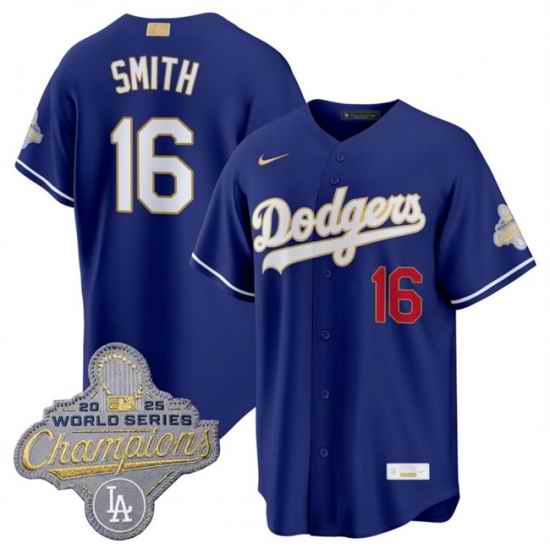 Men Los Angeles Dodgers  16 Will Smith Royal 2026 Alternate Gold Collection Stadium Stitched Baseball Jersey