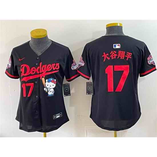 Women Los Angeles Dodgers  17 Shohei Ohtani Black Hello Kitty Night 2025 World Series Champions Patch Stitched Baseball Jersey