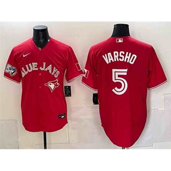 Men Toronto Blue Jays  5 Daulton Varsho Red 50 Seasons Patch Stitched Baseball Jersey