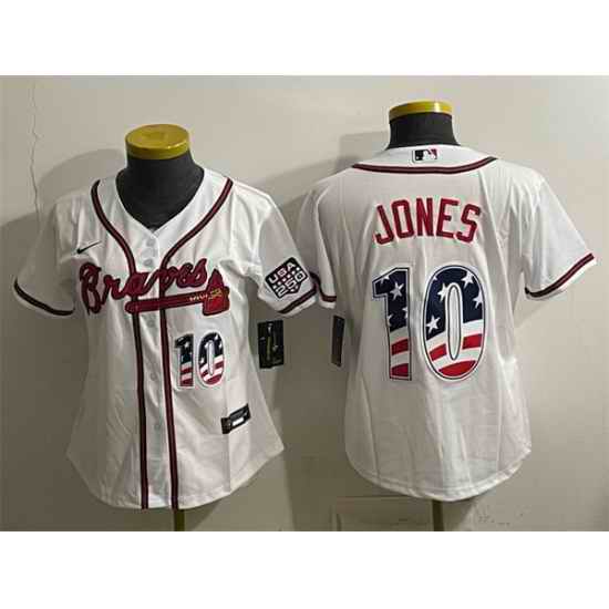 Women Atlanta Braves 10 Chipper Jones White USA 250 Fourth of July Home Stadium Stitched Baseball Jersey