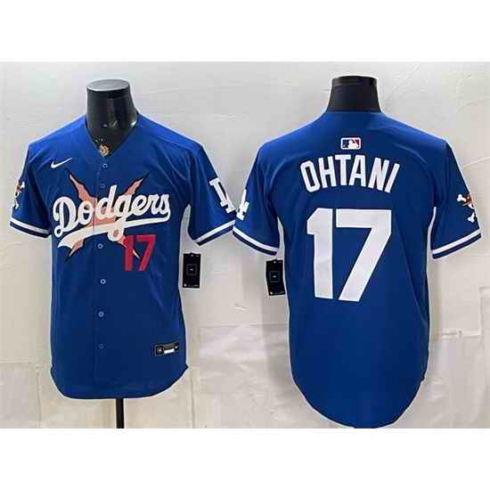 Men Los Angeles Dodgers x One Piece  17 Shohei Ohtani Royal Vapor Premier Limited Stitched Baseball Jersey