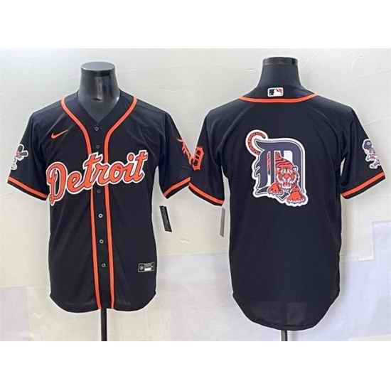 Men Detroit Tigers Team Big Logo Black With Patch Cool Base Stitched Baseball Jersey