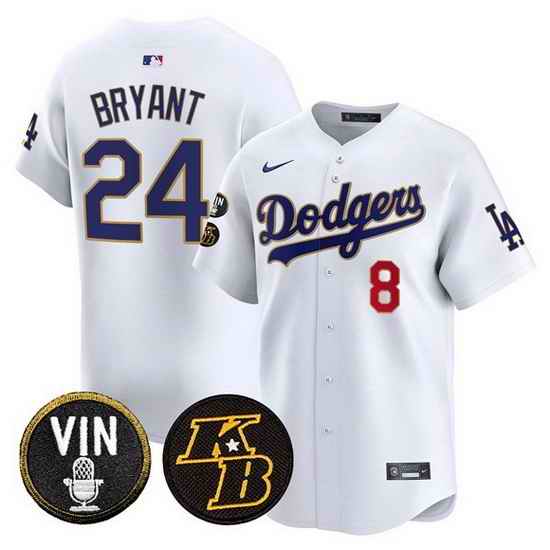 Men Los Angeles Dodgers Front  8 Back  24 Kobe Bryant White 2026 Vin   Kobe Patch Gold Trim Vapor Premier Limited Stitched Baseball Jersey