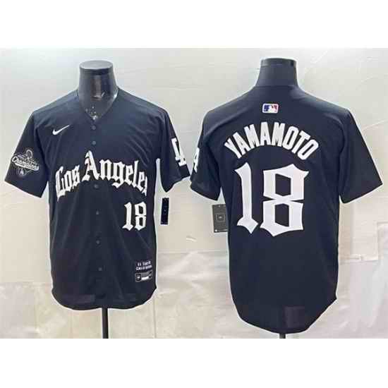Men Los Angeles Dodgers 18 Yoshinobu Yamamoto Black LA Gothic Style With 2025 World Series Champions Patch Limited Stitched Baseball Jersey