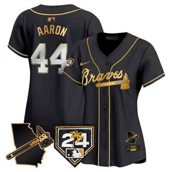 Women Atlanta Braves 44 Hank Aaron Black Gold 2024 Spring Training 26 Georgia Patch Vapor Limited Stitched Baseball Jersey