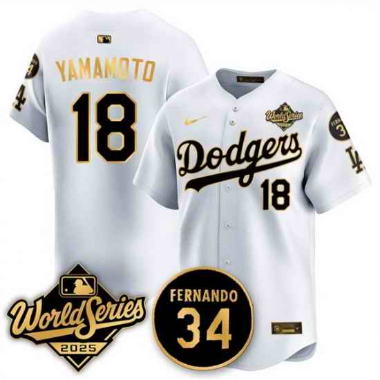 Men Los Angeles Dodgers 18 Yoshinobu Yamamoto White Gold 2025 World Series With No 34 Patch Limited Stitched Baseball Jersey
