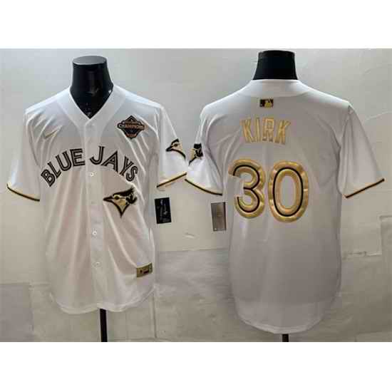 Men Toronto Blue Jays 30 Alejandro Kirk White Gold 2025 American League Champions Limited Stitched Baseball Jersey