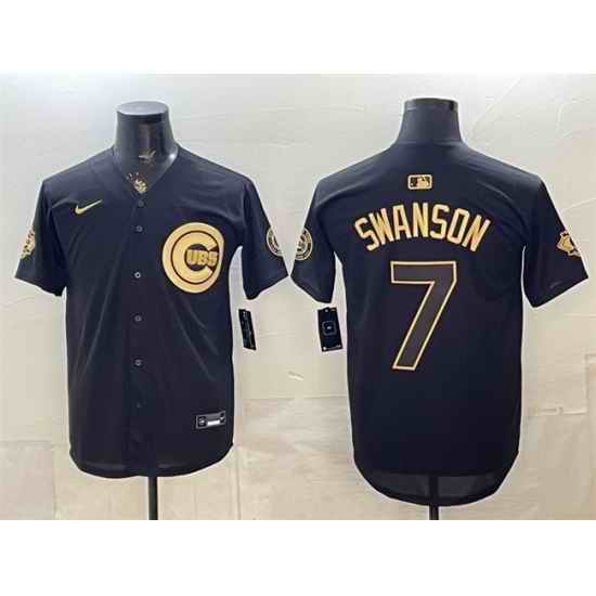 Men Chicago Cubs  7 Dansby Swanson Black Gold 150th Anniversary Patch Stitched Baseball Jersey