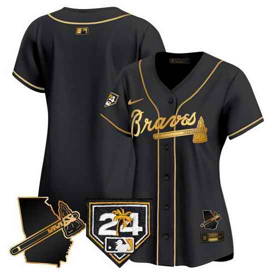 Women Atlanta Braves Blank Black Gold 2024 Spring Training 26 Georgia Patch Vapor Limited Stitched Baseball Jersey