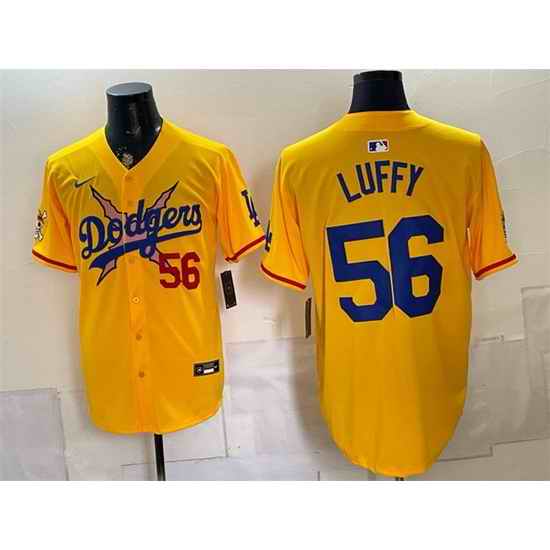Men Los Angeles Dodgers x One Piece  56 Luffy Yellow Vapor Premier Limited Stitched Baseball Jersey