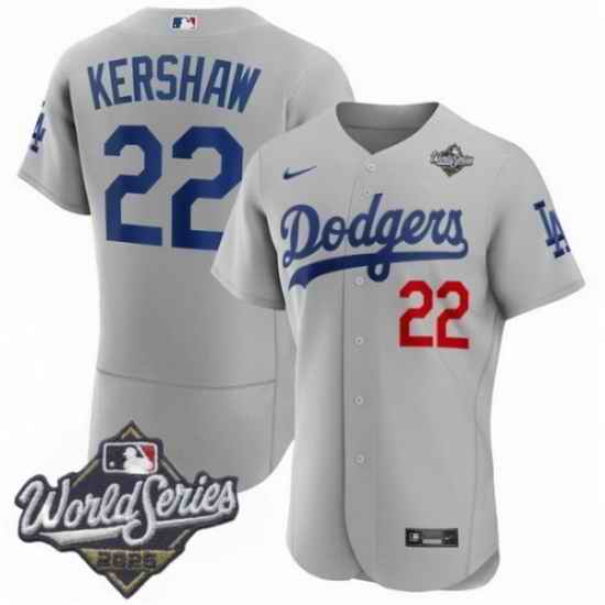 Men Los Angeles Dodgers 22 Clayton Kershaw 2025 World Series Cool Base Stitched Baseball Jersey Gray