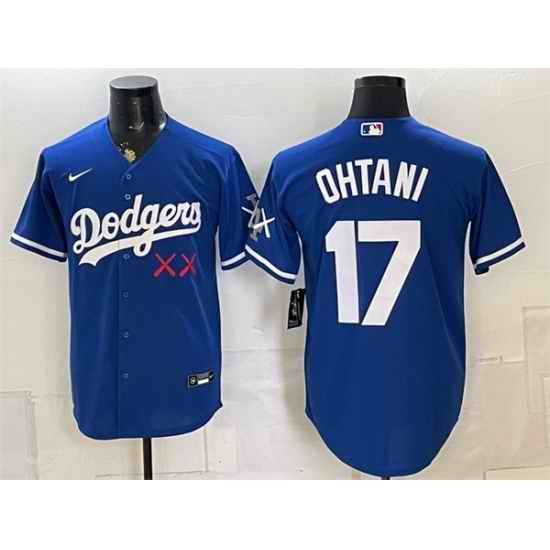 Men Los Angeles Dodgers x KAWS  17 Shohei Ohtani Royal Vapor Premier Limited Stitched Baseball Jersey