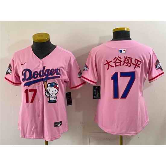 Women Los Angeles Dodgers  17 Shohei Ohtani Pink Hello Kitty Night 2025 World Series Champions Patch Stitched Baseball Jersey