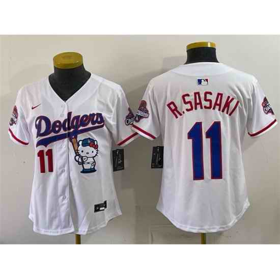 Women Los Angeles Dodgers  11 Roki Sasaki White Hello Kitty Night 2025 World Series Champions Patch Stitched Baseball Jersey