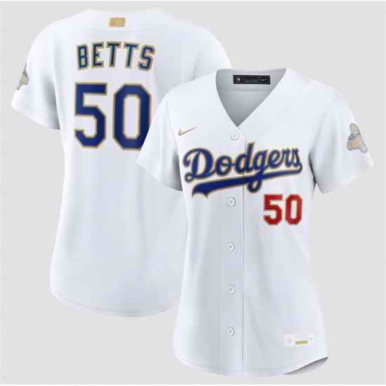 Women Los Angeles Dodgers  50 Mookie Betts White 2026 Gold Collection Stadium Stitched Baseball Jersey